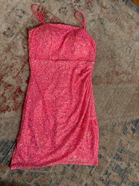 Hot Pink Sequin Mini Dress with Spaghetti Straps